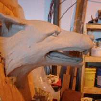 Sparta Village set - Wolf Fountain, sculpture in process, plasticine, eventually molded and produced in plaster. Sculpted by Édith Croft, assisted by Lucie Fournier