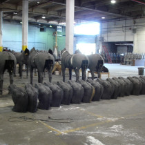 There were 16 of these type of slightly smaller horses than the four (4) ones for the Chariots. Sculptors from a copy in urethane of previous bigger horse: Tino Petronzio and Nick Petronzio. Sculpture in styro, finition in plaster, molded and casted in plaster